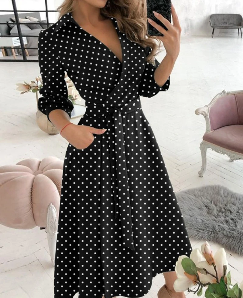 

2021 Spring Summer Lady Elegant Dress Print Long Sleeve V-Neck Casual Loose Casual Midi Dress, Picture