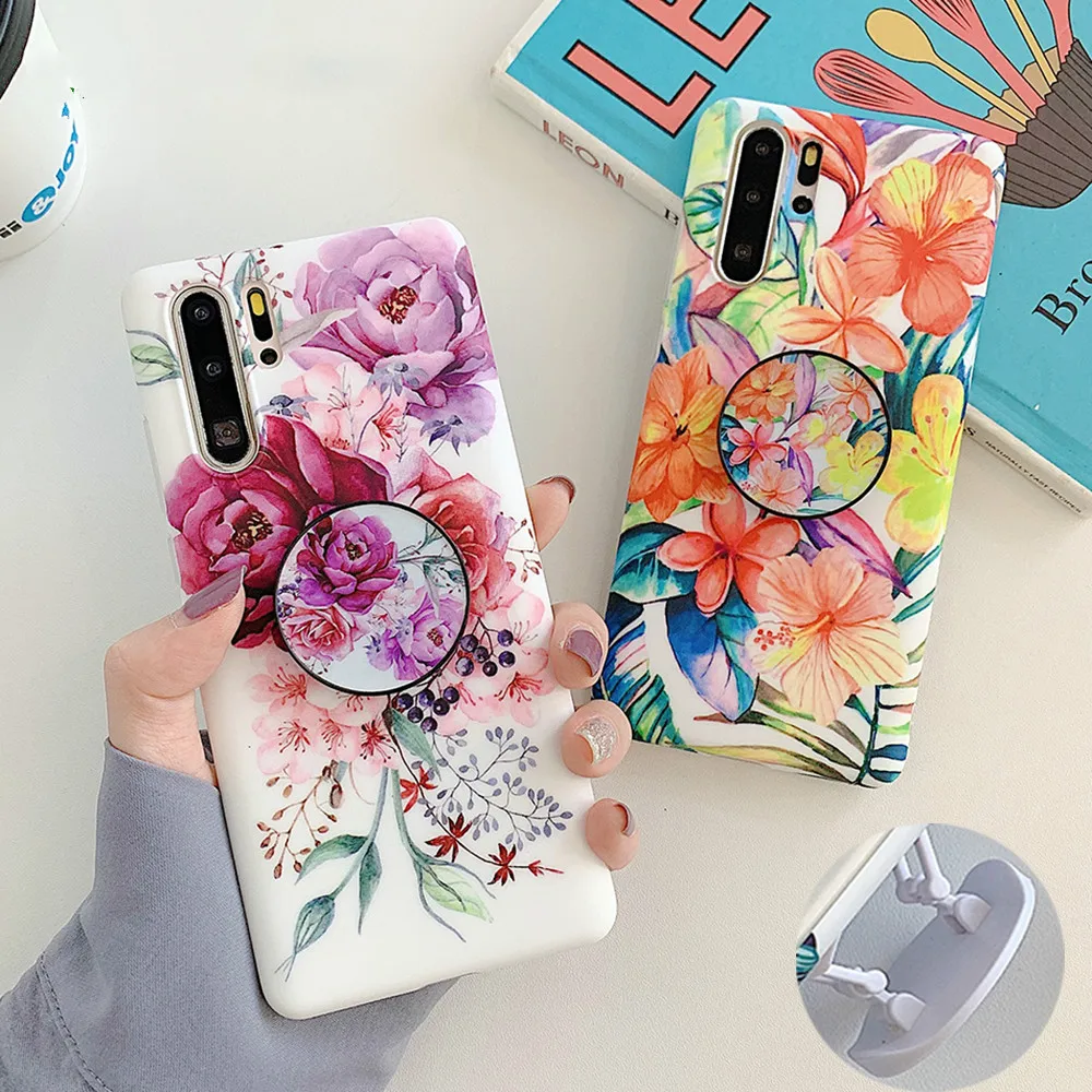 

LOVECOM Vintage Floral Leaf Phone Case With Stand Holder For Samsung S8 S9 S10 S20 Plus Note 8 9 10 Pro Soft IMD Phone Cover Bag