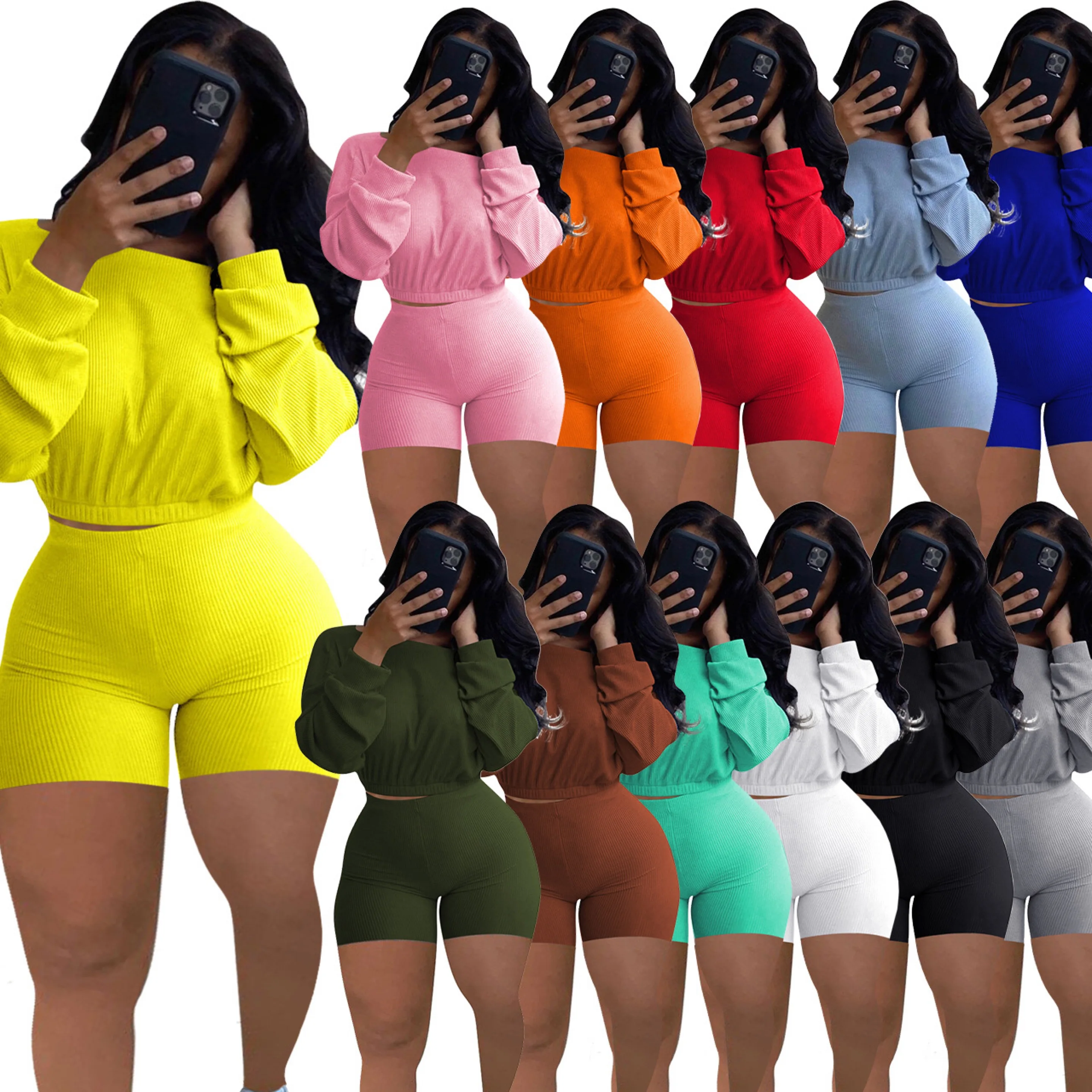 

Casual Solid Color 2 Piece Short Set Sweatsuit Crop Top Plus Size Women Clothing Two Piece, Multicolors