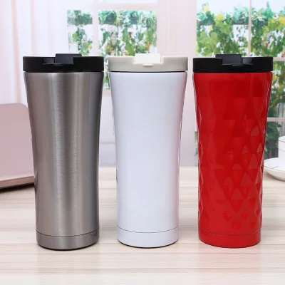

500ml coffee cup double wall insulated vacuum thermos mug flask cup stainless steel tumbler travel mug coffee mug with lid, White/black/gold/ stainless steel color