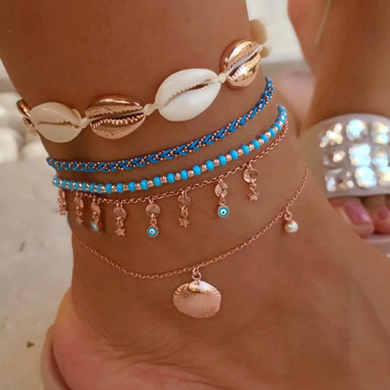

Finetoo Layered Gold Shell Butterfly Pendant Chain Ankle Bracelet Leg JewelryBohemia Charm Anklet Women's Accessories