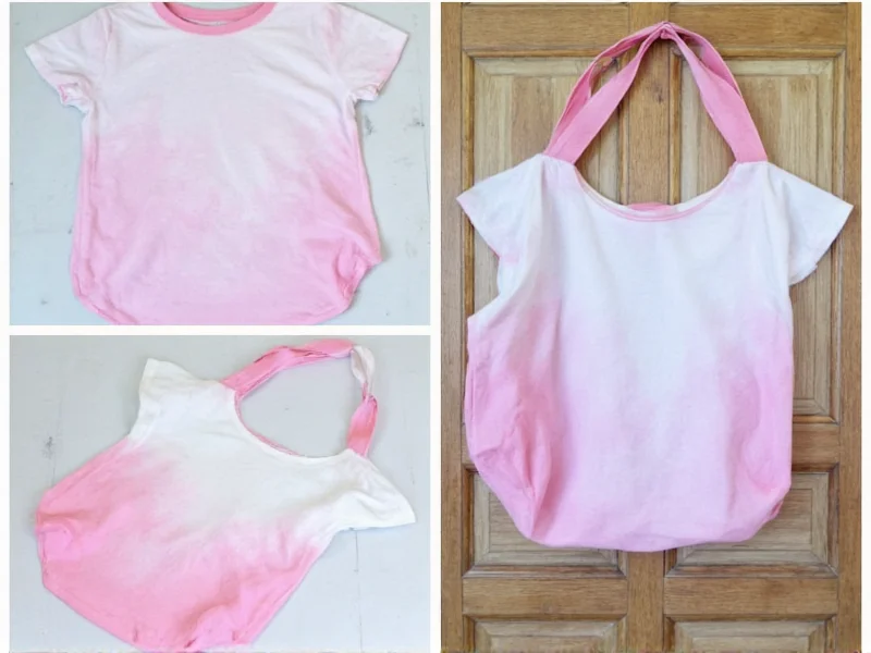 Step-by-step t-shirt transformation into reusable shopping bag