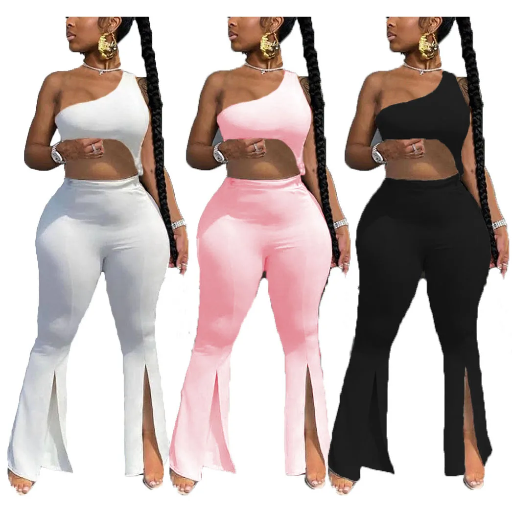 

FS2681D Summer Outfit for Women Two Piece Set One Shoulder Crop Top and Pants Tracksuit Matching Set clothing