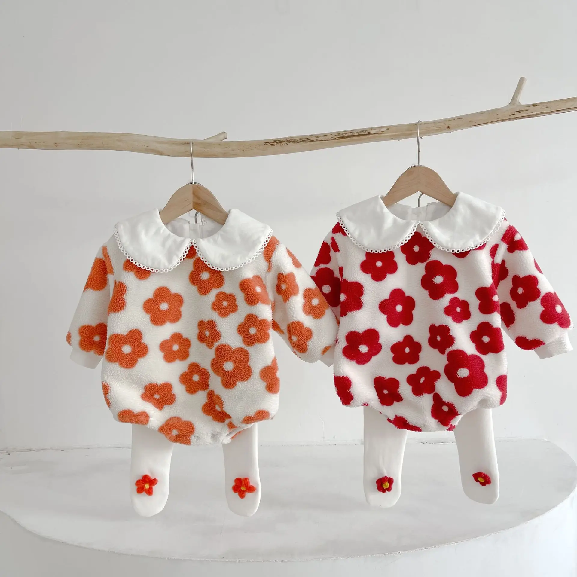 

Ins baby lambs wool clothes winter paragraph jumpsuits flower design female baby climb clothes & tight pants