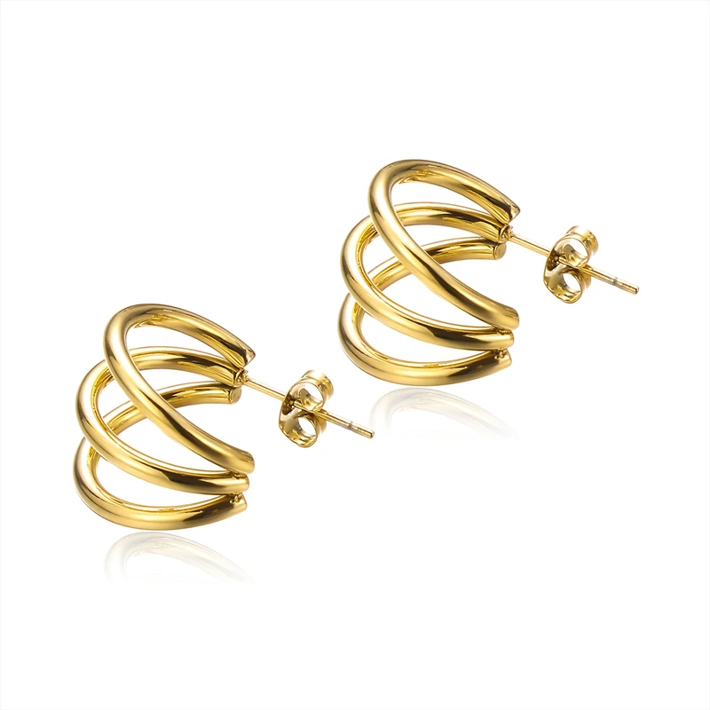 

18K Gold plated Bold Three Layer Line Earrings Stainless Steel Jewelry Minimalist Chunky Triple Hoop Earrings For Women