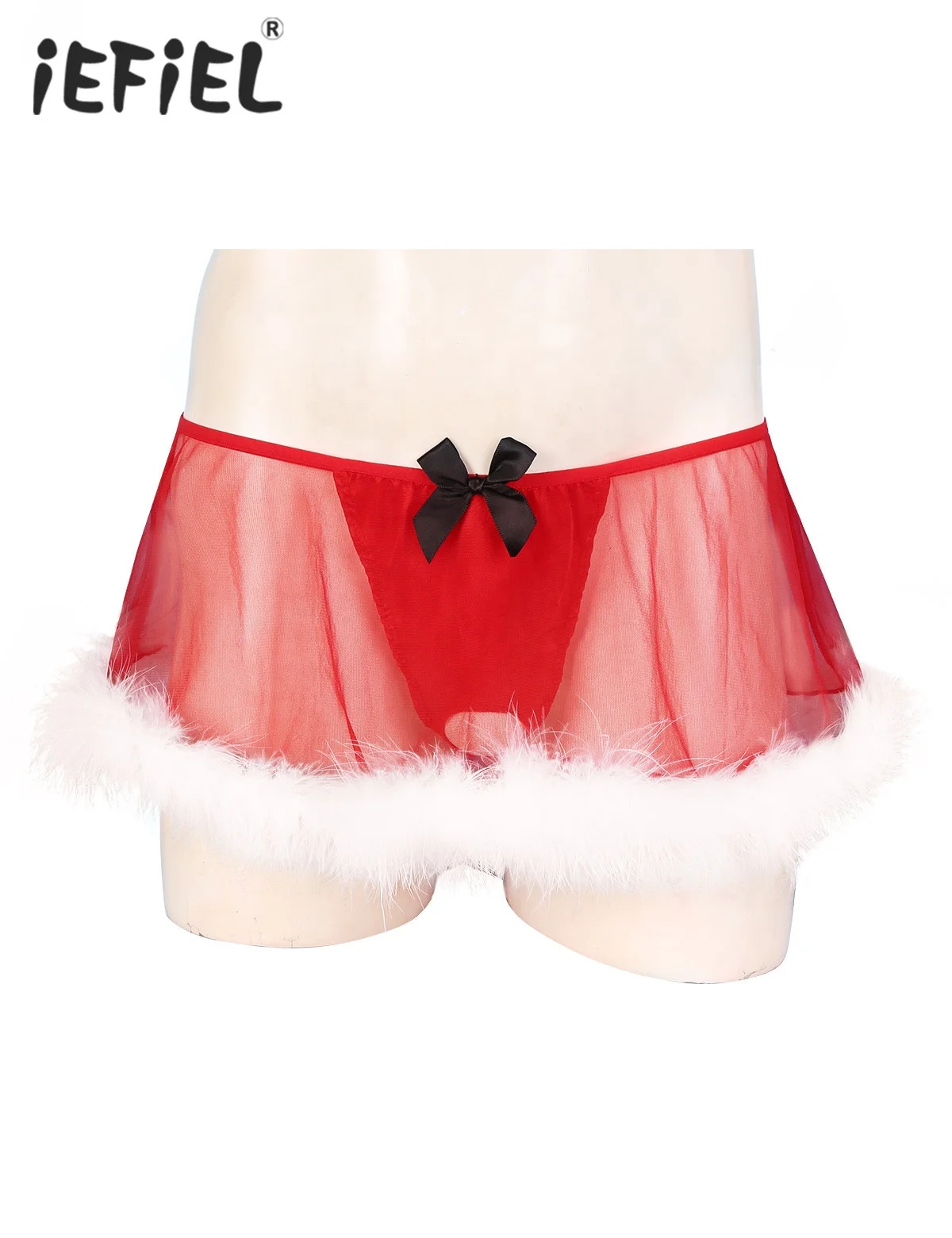 

M-XXL Men Sissy Christmas Costume See Through Sheer Lingerie Elastic Low Rise White Feather Hem G-string Panty Skirt Sissy Men, Red