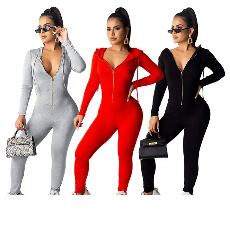 A110192 high quality autumn zipper hooded v neck women 2020 long sleeve bodycon jumpsuit