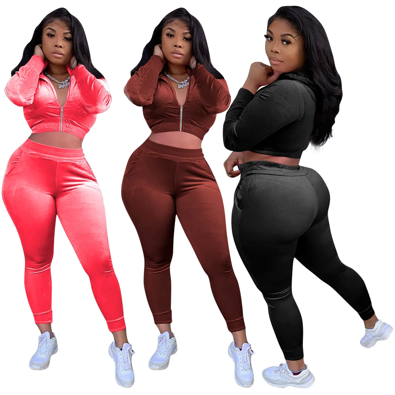 

Women Clothes Set Vintage Velour Tracksuits Velvet Hood Sweatsuit Velvet Two Piece Set, 3 color