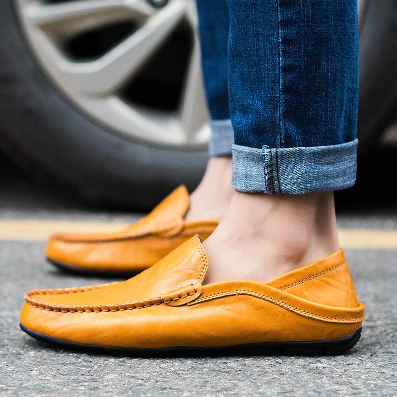 

2022 men's dress shoes genuine leather business shoes rubber outsole large size loafers mens leather casual shoes, Black, blue, khaki, orange
