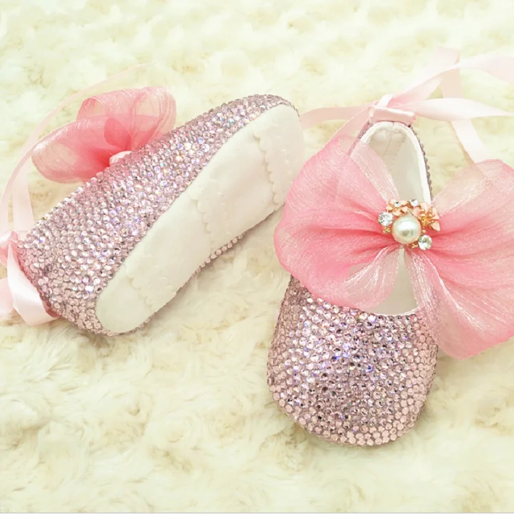 Anti Slip Pink Silk Newborn Crib Shoes Sequin Bling Baby Girls Ballet ...