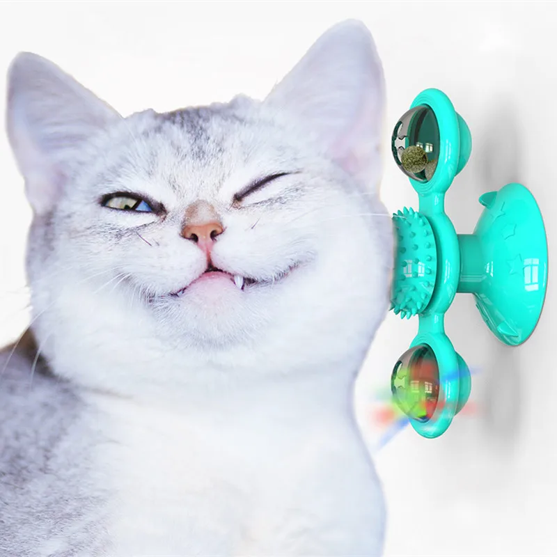 

Amazon Hot Sell Funny Massage Rotatable Cat Toys With Catnip LED Ball Teeth Cleaning Cat Windmill Toy, American blue,green, yellow, lake blue, green