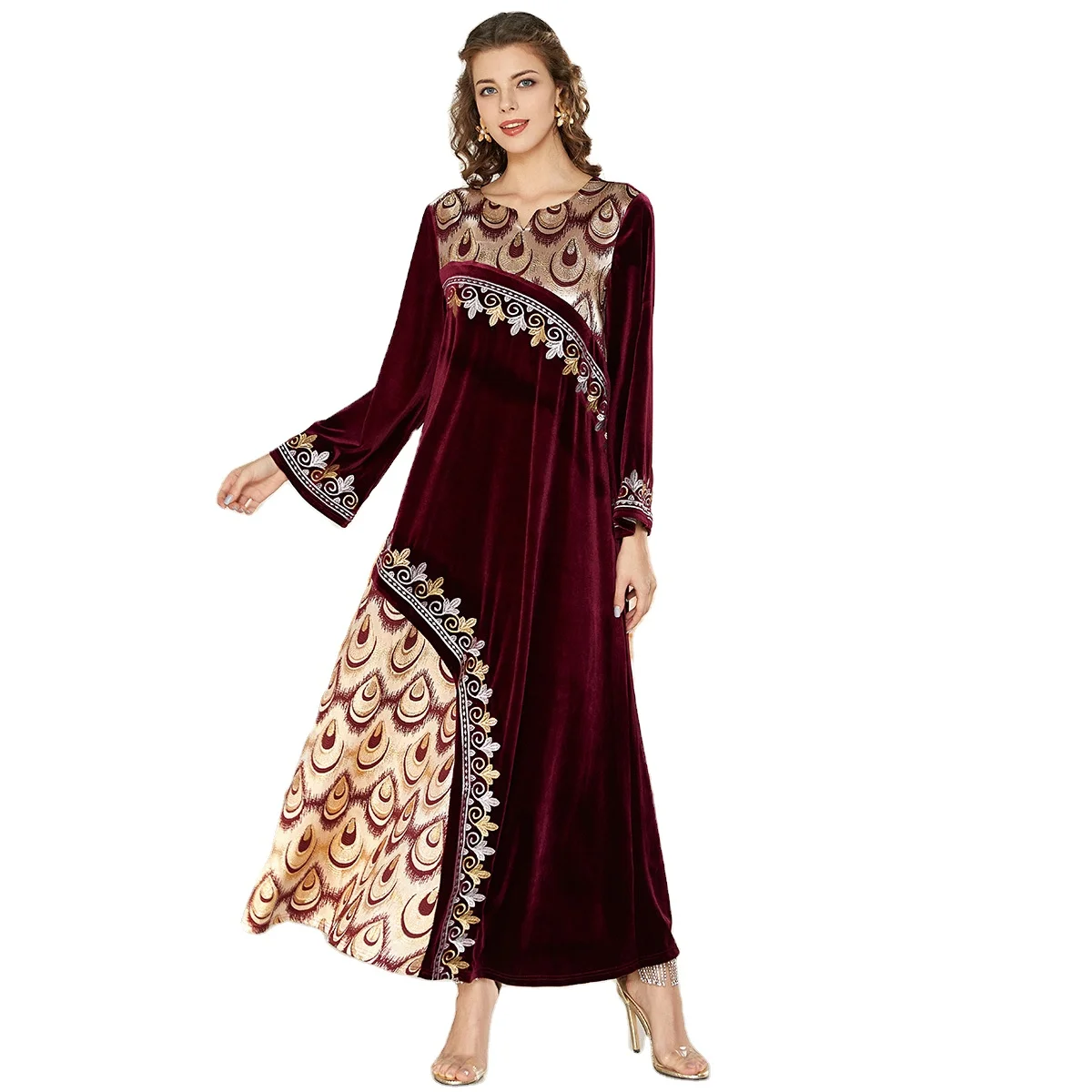 

Hot sale Dubai Islamic Muslim gold thread embroidery casual jacquard stitching velvet big swing dress OEM, Photo color