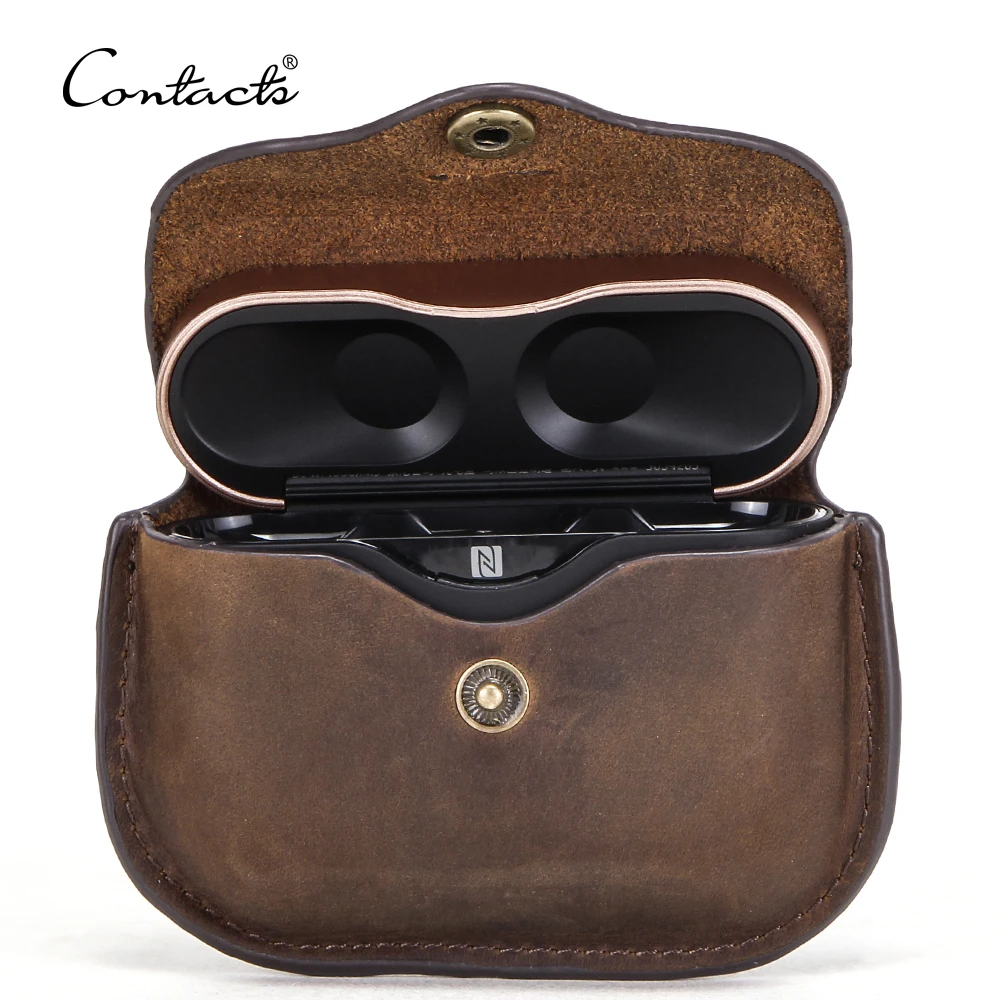 

contact's dropship wholesale genuine cowhide leather vintage wireless charging earphone protection case leather, Coffee/brown/blue/red