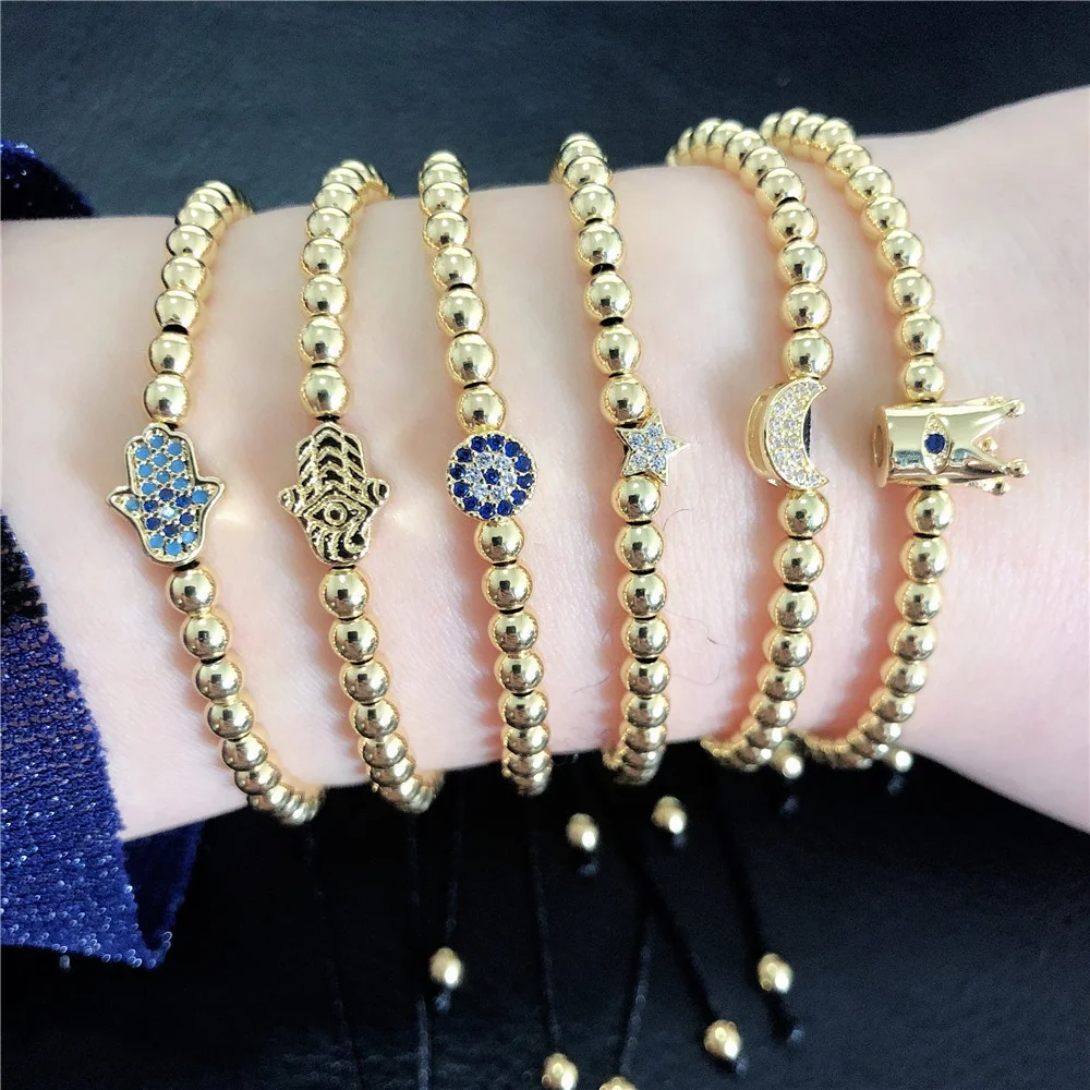 

MOT2019014A Moyamiya micro pave zircon hamsa hand star moon gold plated brass bead bracelets 2019 top sellers for amazon, As picture or customized