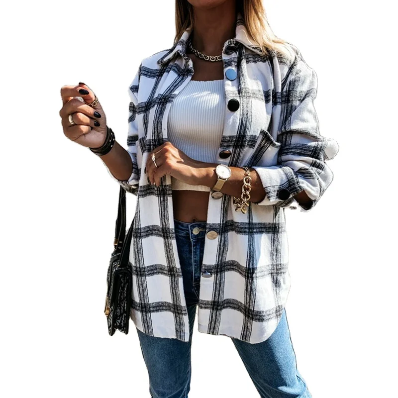 

2020 New Flannel Plaid Shirt Jacket Long Sleeve Mid Length Casual Checkered Shirt Coat Tops Outwears for Women