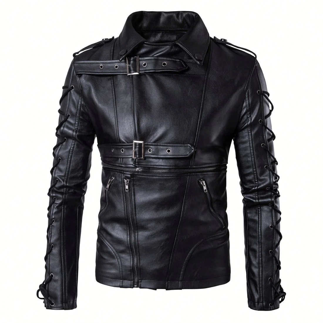 

Designer Plus Size Men's Clothing Fashion Men's Bind Coat Zipper Lapel Collar Coat PU Material Windshield Haulage Motor Jacket