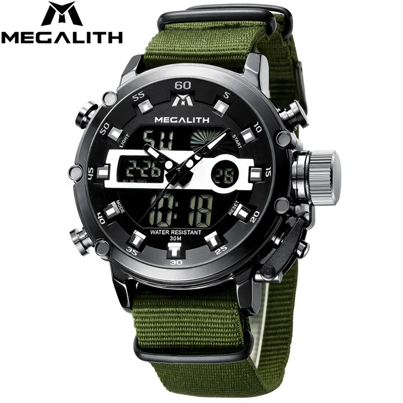 

2020 MEGALITH casual LED double display watch noctilucent digital wristwatch Calendar leather 30 meter water resistant