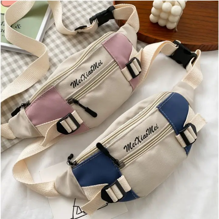 

Canvas 2021 Spring New Korean Style Contrast Color Casual Shoulder Fresh Girl Oblique Pattern Chest Fashion Waist Bag For Woman