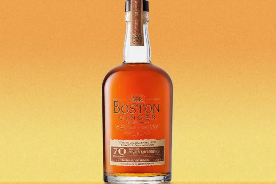 Close-up photography of Mr. Boston Ginger 70 Proof Flavored Brandy bottle next to cocktail shaker and fresh ginger root