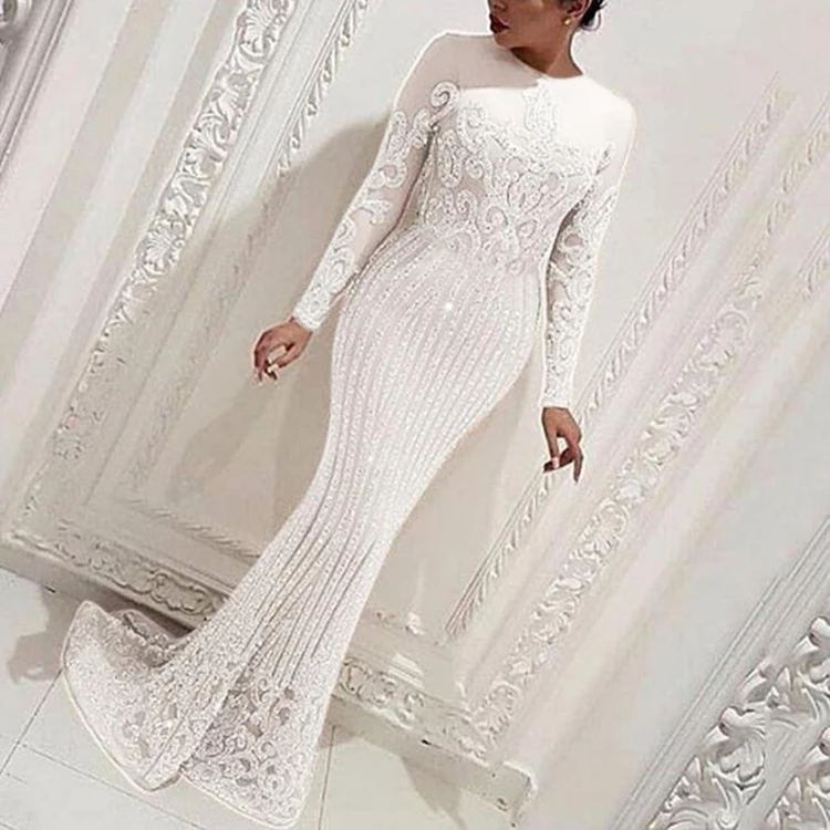 

2020 European and American women's elegant white hollow out sequins slim and buttock party dress
