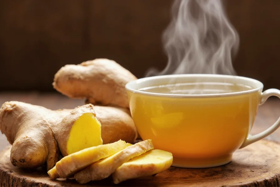 Fresh ginger root sliced with steam rising from a teacup showing natural ginger tea preparation