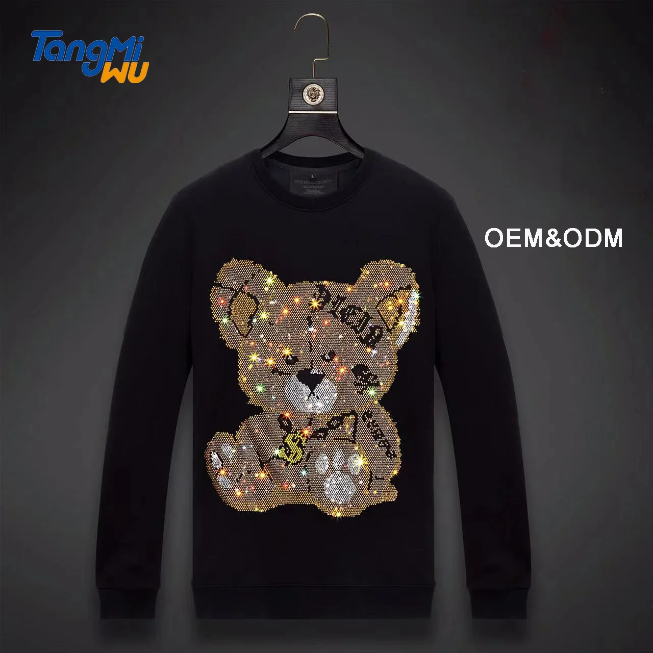 

TMW 140kg big size men rhinestone clothing cartoon printed hoodie bear animated crew neck sweatshirt rhinestone sweatshirt