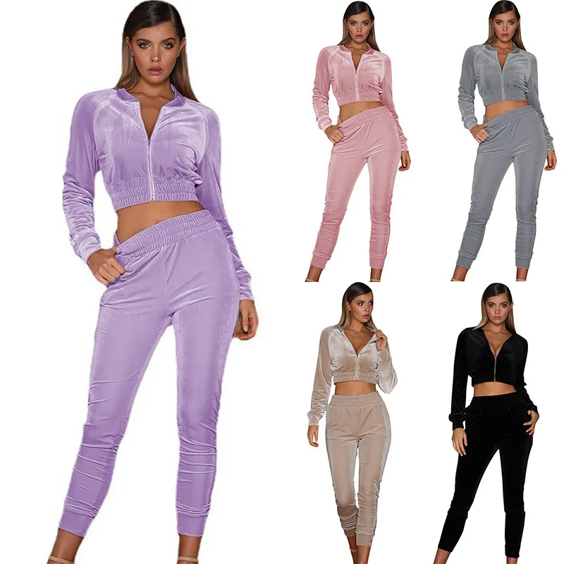 

New Women's Casual Velvet Navel Zipper Top Tracksuits Top Quality Latest Style ladies fashion velour tracksuit