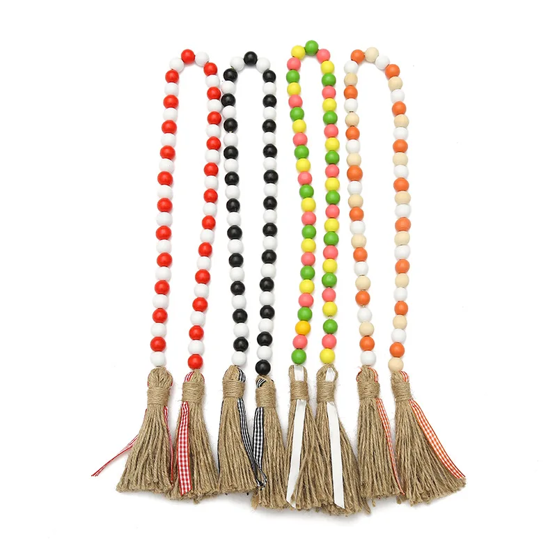 

Boho Farmhouse Rustic Colorful Wood Beads Jute Tassels Garland Hanging Wall Decoration Ornaments