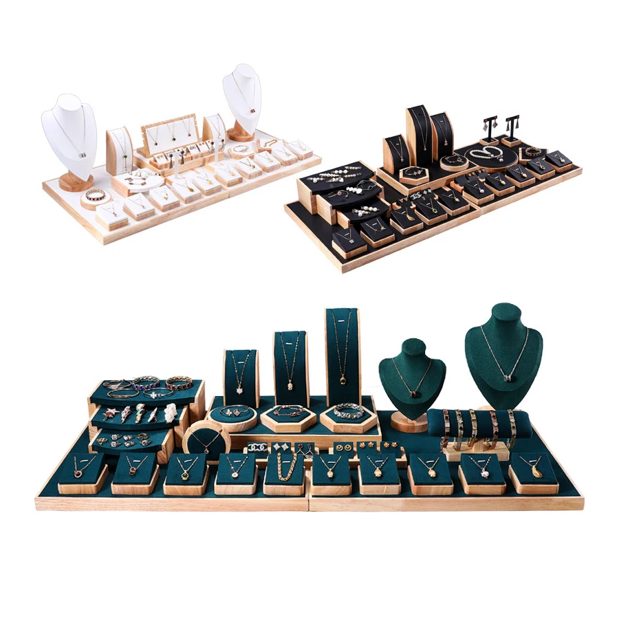 

Tongxing Ring Jewelry Packaging Display Stand Set Tray Earring Necklace Bust Prop Custom Wood Luxury Jewelry Display Stand