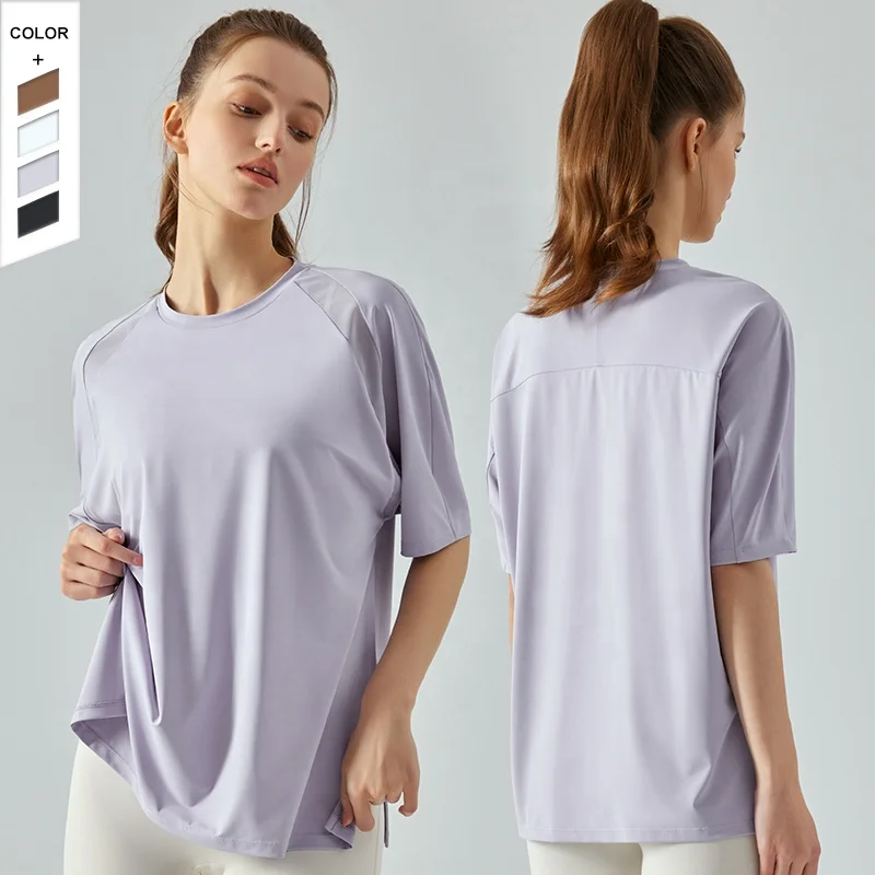 

OEM&ODM Skin-friendly Breathable Fitness Top Deep U Back Split hem Women's Sports Short Sleeve