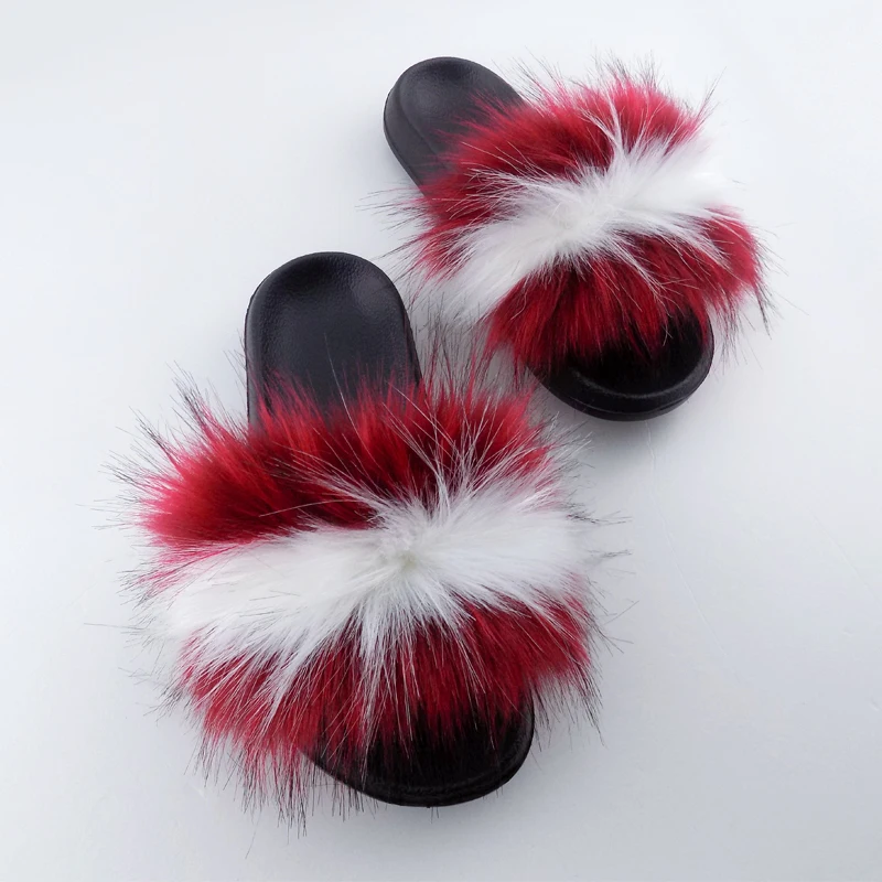 

wholesale rainbow faux fox sandals slides fluffy women fur slippers, Red ,black ,green ,orange ,brown and so on