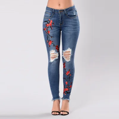 

New Fashion Womens Skinny Embroidered Ripped Jeans