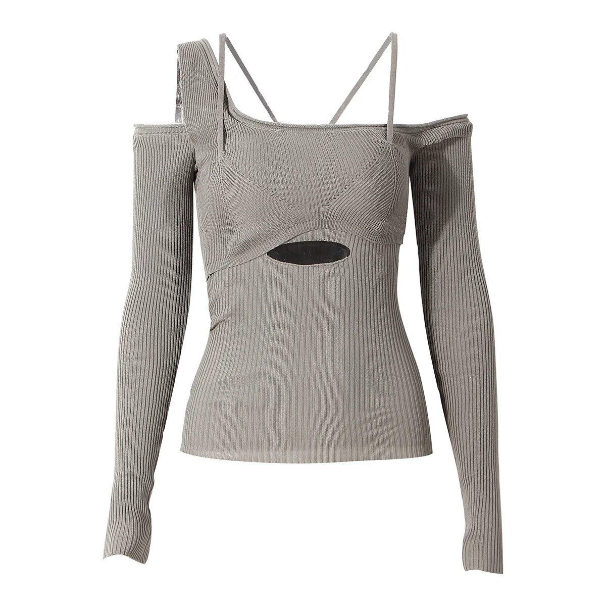 

2022 new autumn winter OEM ODM Sexy off-the-shoulder one-shoulder asymmetric hollow-out slim fit top knitted sweater