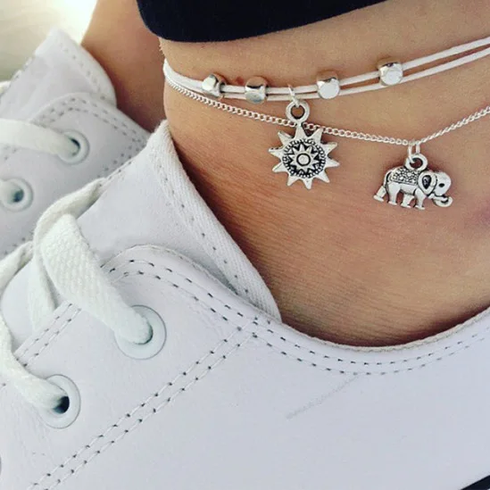 

Vintage Antique Silver Plating Elephant and Sun Charm Layered Foot Jewelry Anklets for Women, Gold, silver