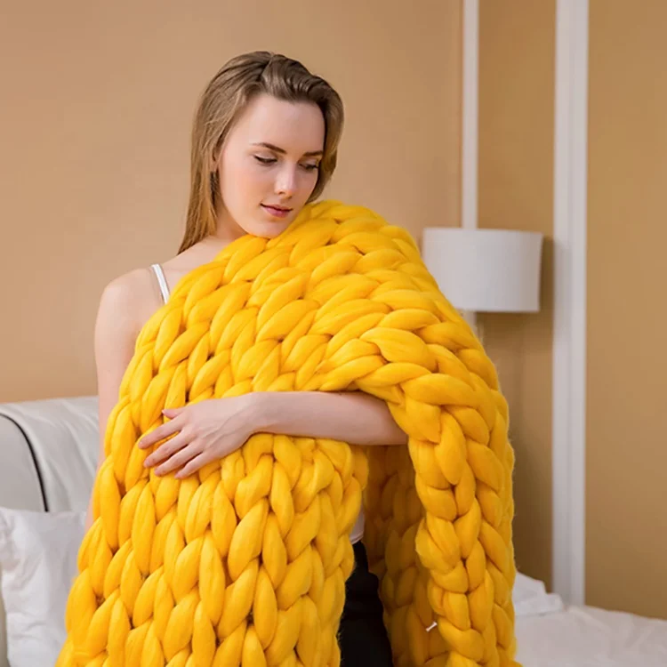 
Wwinter Warm Dropship Huge Yellow Cashmere Cable Chunky Chrohet Knit Blanket 