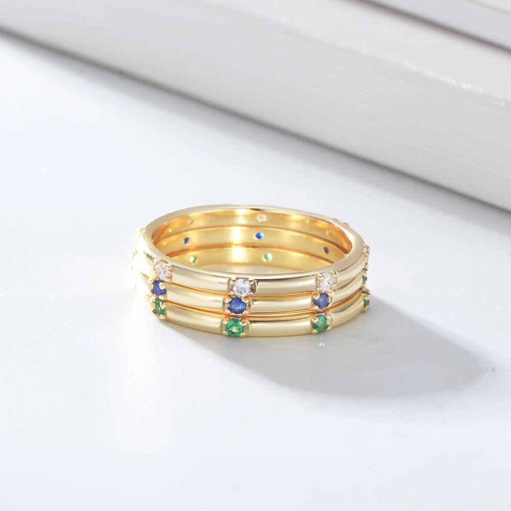 Peishang Simple Ring Set Gold Plated 925 Sterling Silver Pave Setting Different Color Stone Jewelry
