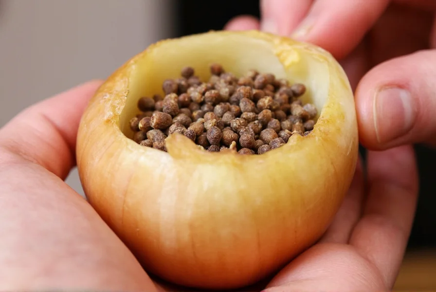 Culinary preparation showing whole cloves studded into an onion for use in soup stock