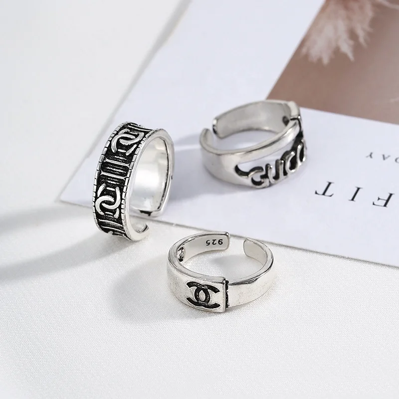 

Custom Fashion Vintage Letter Double G Rings CC Pattern Opening Resizable Ring Luxury Brand Hollow Out Rings