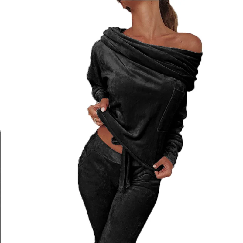 

Women's winter suits solid color leisure one-shoulder bowknot slim home suit