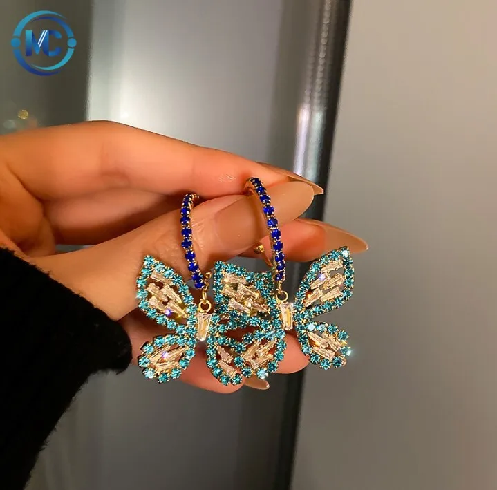 

S925 Silver Needle New Style Golden Butterfly Zircon Crystal Dangle Earrings for Women Blue Rhinestone Weddings Party Jewelry, As picture