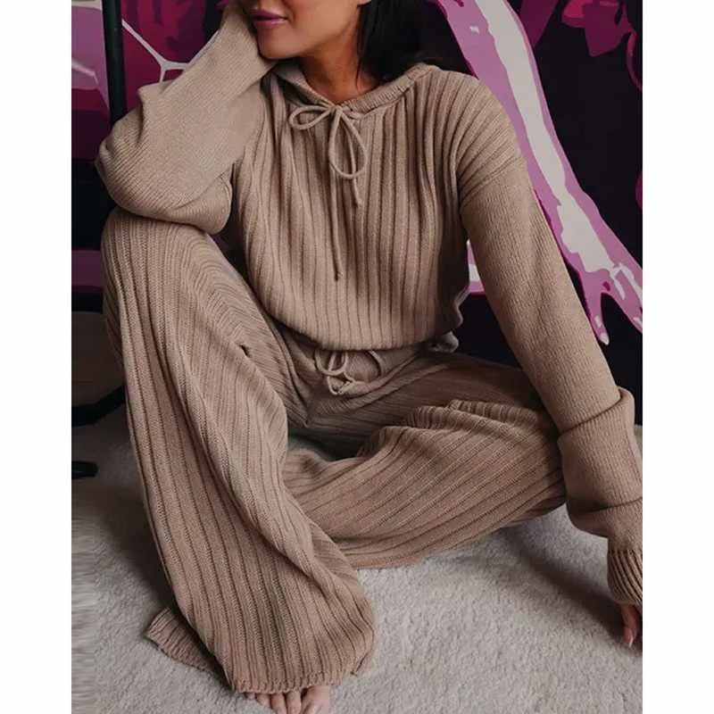 

Sweater Two Piece Set Women Tracksuit Autumn Clothes Solid Hoodies Knit Pullover Top And Pants Leisure Suit Female Lounge Wear
