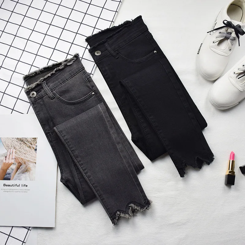 

Wholesale hot sale high quality Blue black gray denim women pencil pants ladies elastic pencil jeans