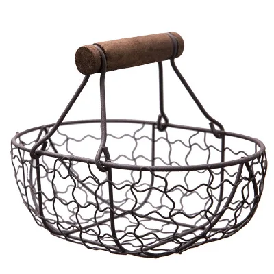 

hot sale Kitchen Accessories Oval Chicken Metal Wire Storage Vegetable Bread Egg Basket with Wood Handles, Black/white