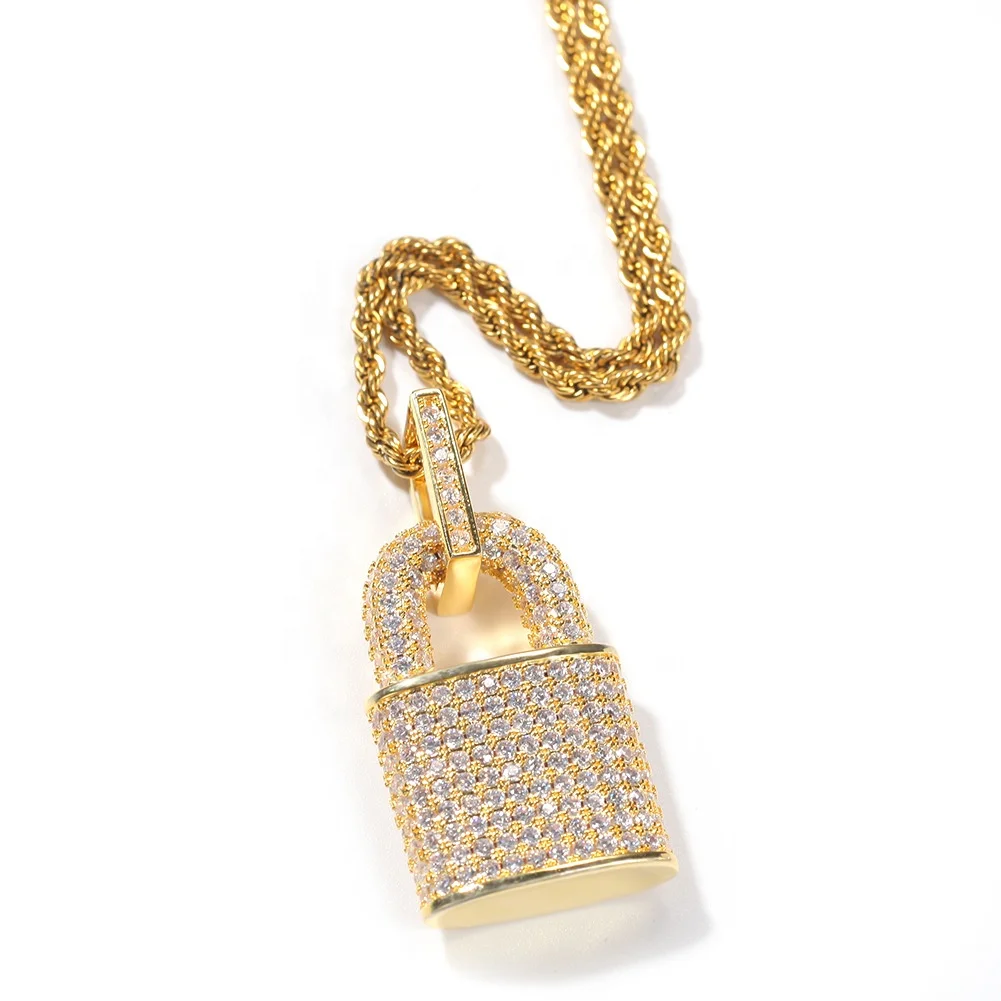 

Hip Hop Men's Gold Color Zircon Lock Pendant Necklace Crystal Miami Ice Out Cuban Jewelry Hip Hop For Men, Picture shows