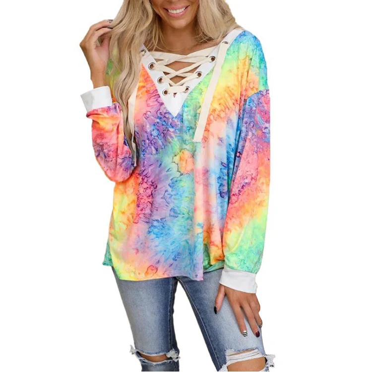 

Women hot style sweatshirt tie-dyed hoodies Lady tie-dyed print long sleeve V-neck eyelet lace-up pullover Female casual T-shirt, Customed