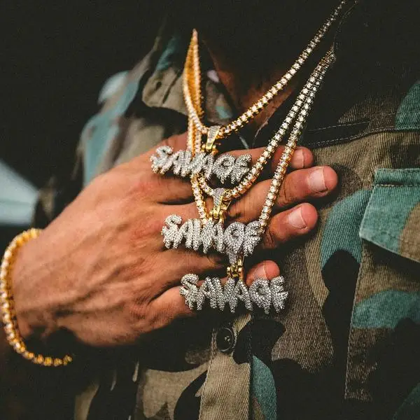 

Hip Hop Men Jewelry Personality Drip Letter Savage Cz Bling Pendant 18" Tennis Necklace, As picture