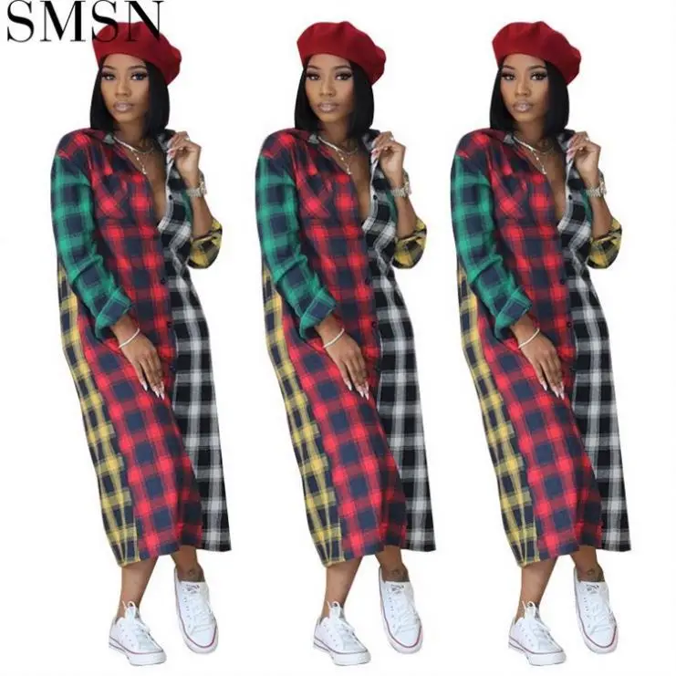 

Good Quality Grid Printed Long Sleeves Casual Shirt Cotton Maxi Dress Fall 2021 Women Clothes Dresses