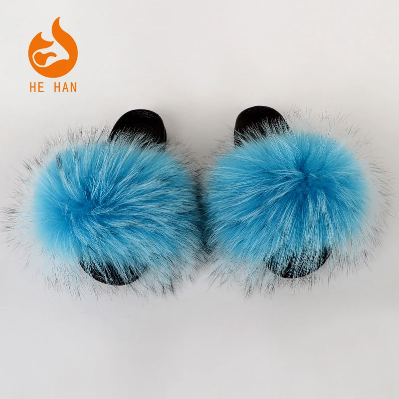 

hot sell popular soft fluffy raccoon fur slide lady slippers