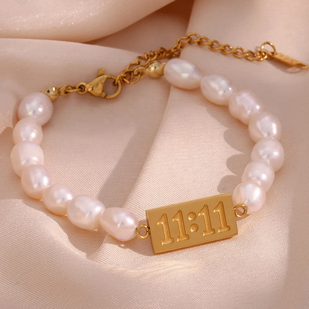 Unique Gold Plated Number 11:11 Bar Fresh Water Pearl Beaded Chain Bracelet Stainless Steel Jewelry Anti Tarnish Bracelet