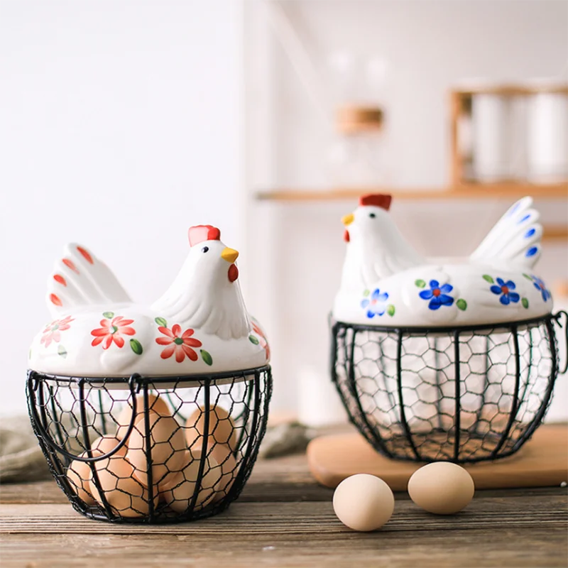 

UCHOME Household Cartoon animals Iron Egg Basket Hen modeling Egg storage basket Portable fruit vegetable basket, Blue,red